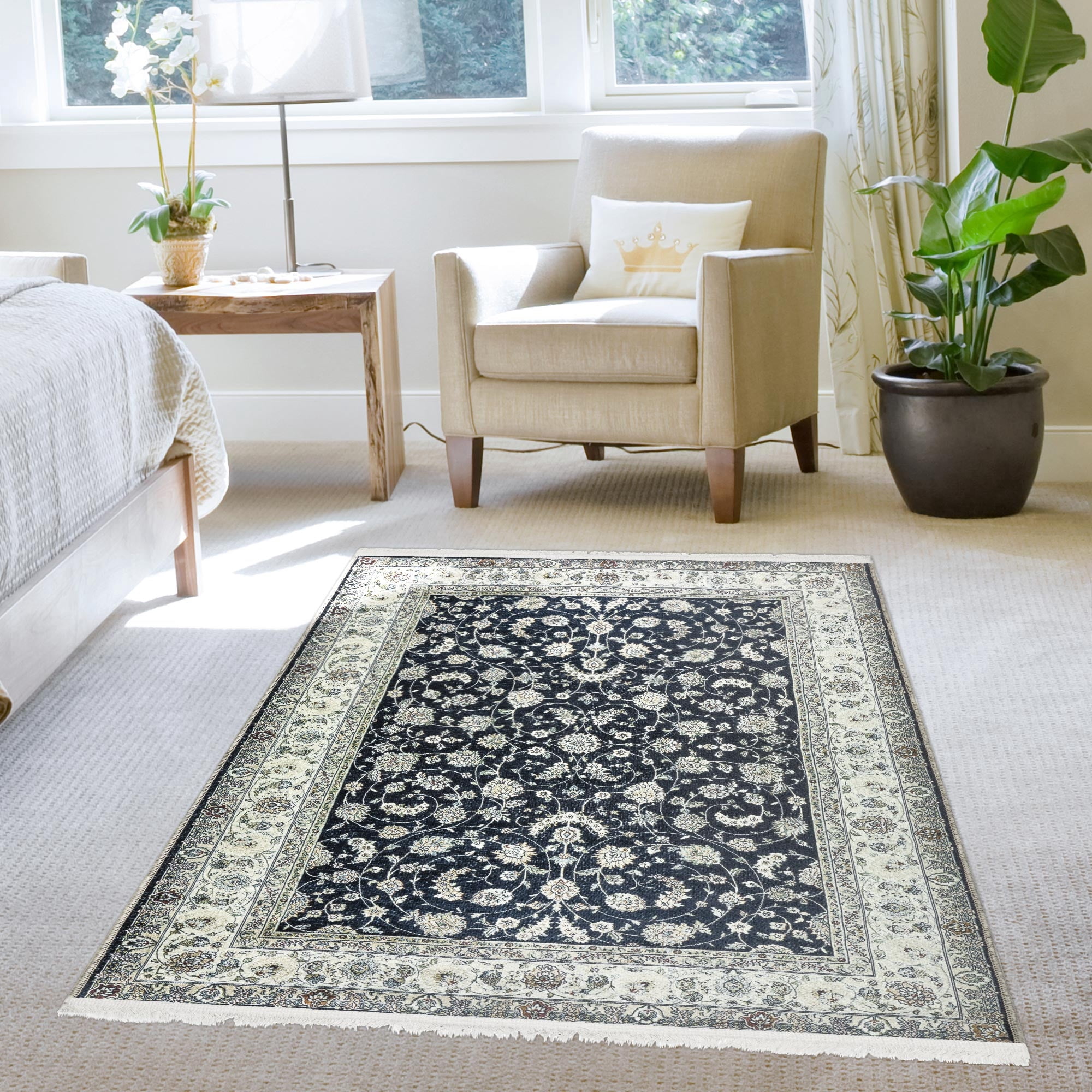 Ottomanson Machine Washable Cotton 4x6 Flatweave Area Rug for Living Room, 4' x 6', Black Floral