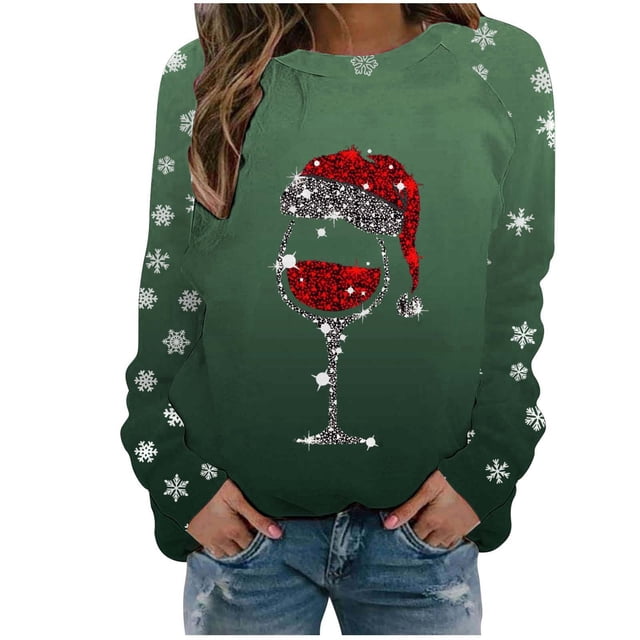 VJATTWR Mes Articles Chandail en Molleton de Noël pour Femmes Automne et Hiver Flocon de Neige Rouge Verre Dégradé Imprimé Col Rond Épaule Manches Longues Décontracté Sport Chandail en Molleton Get it Fast