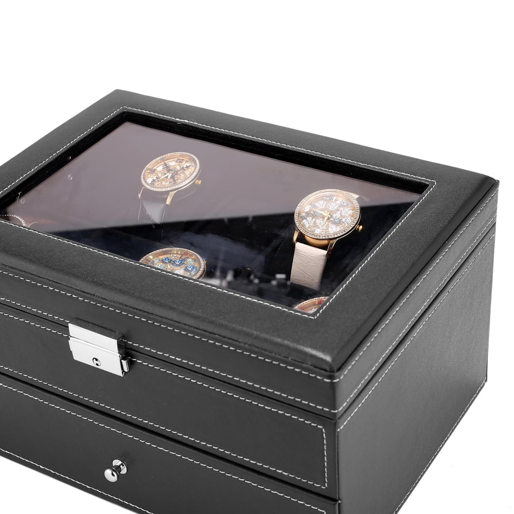 Kepooman 20 Slot Leather Watch Box, Glass Top Display Organizer with Lockable, Black