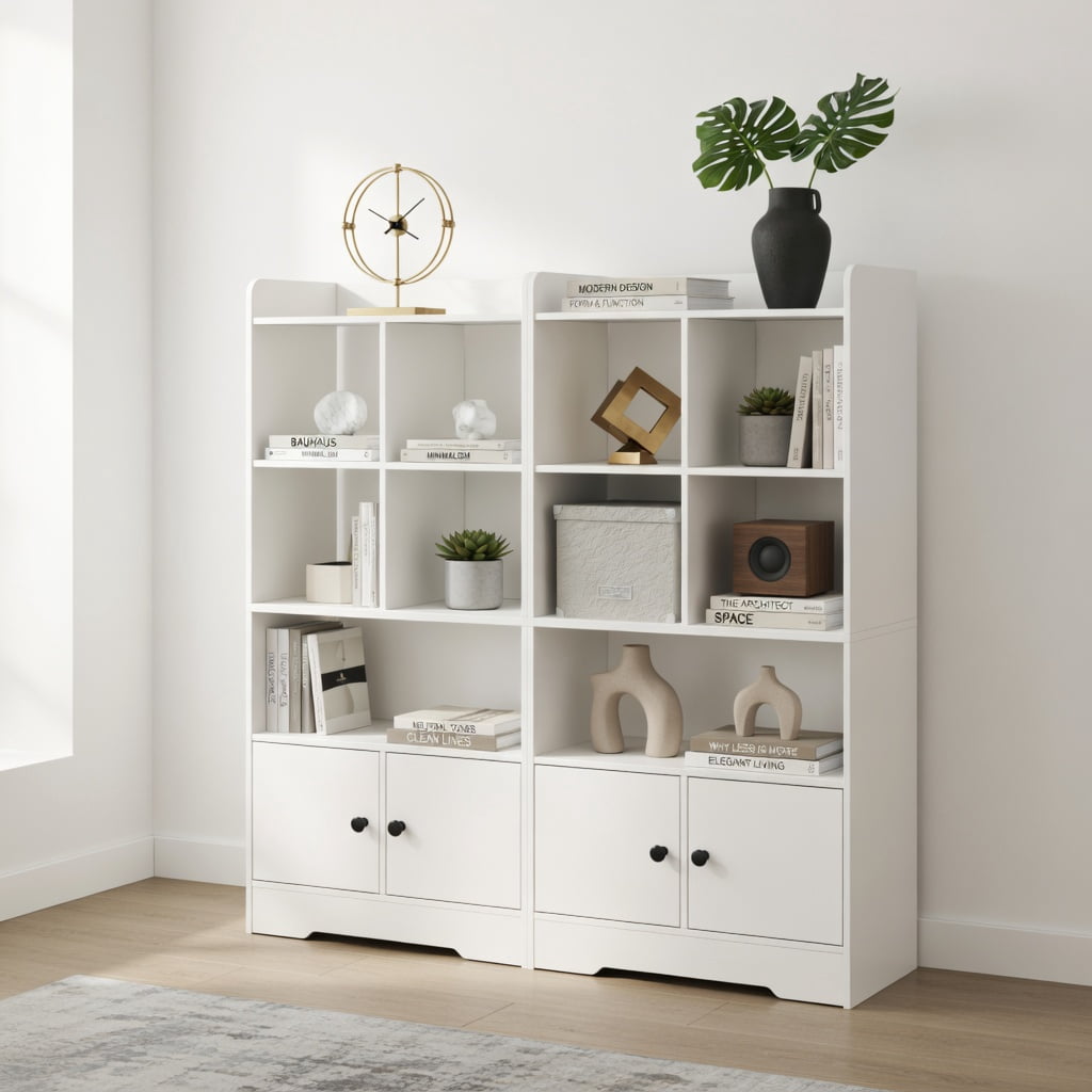 Spaco 4 Tiers Bookshelf with 4 Cubes Display Shelf and 2 Doors-White, Tall Bookshelf, Shelves for Living Room, Home Office, Bedroom, Balcony