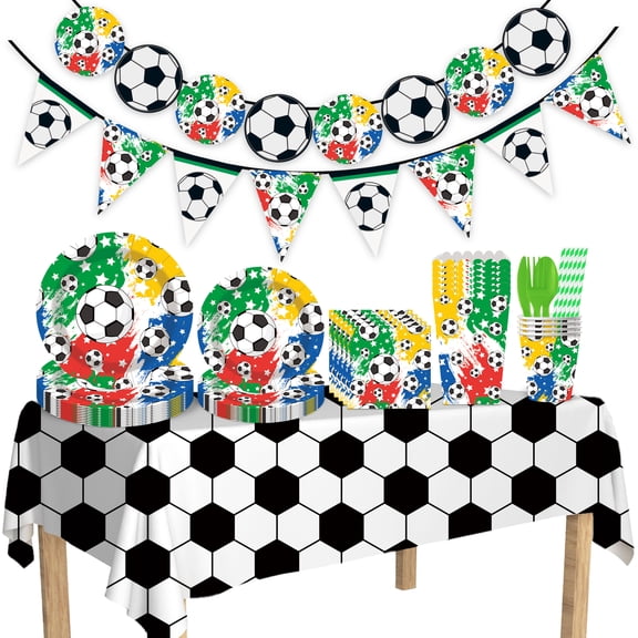 Soccer Birthday Party Supplies, Soccer Party Decorations & Tableware Set -Soccer Birthday Banner  Tablecloth Plates Cups Napkins & Fork &Straw,Ect Boys Sports Theme Birthday Decor