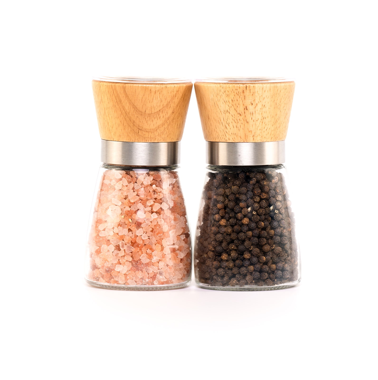 CB Accessories Salt and Pepper Grinder Set with Wood Tray, Manual Sea Salt, Peppercorn & Spice Mill, Clear/Beige