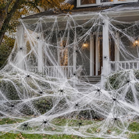 Halloween Spider Web Decoration, White Synthetic Fiber Cobweb with 50 Black Spiders, Spooky Indoor Outdoor Party Decor for Porch, Yard and Home