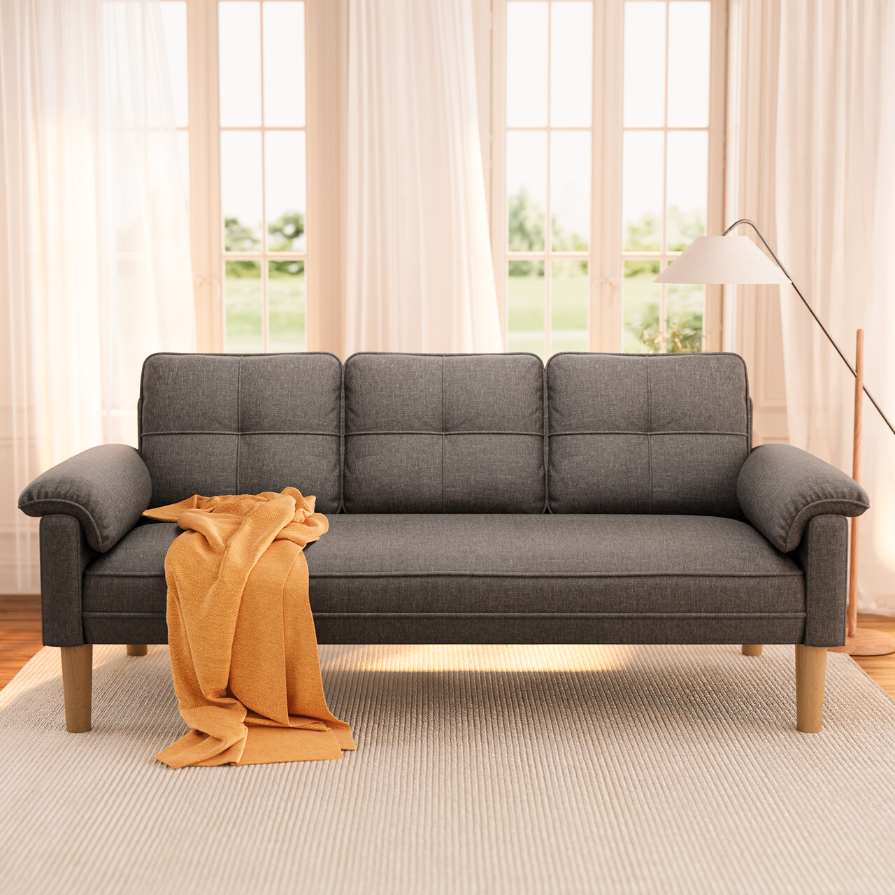 68" Modern Sofa with Side Storage Pockets & 4" Thick Comfort Cushions for Living Room, Dark Gray