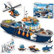 TERRAMUS Ocean Arctic Explorer Ship Building Set, 482 Pcs Polar Adventure Icebreaker Boat Building Blocks Kit with Helicopter, Snowmobile, and Animal Figures Toy for Kids Age 8+