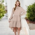 thumbnail image 4 of Women's High Neck Tiered Swing Dress with Long Sleeves- Large, Tan, 4 of 7