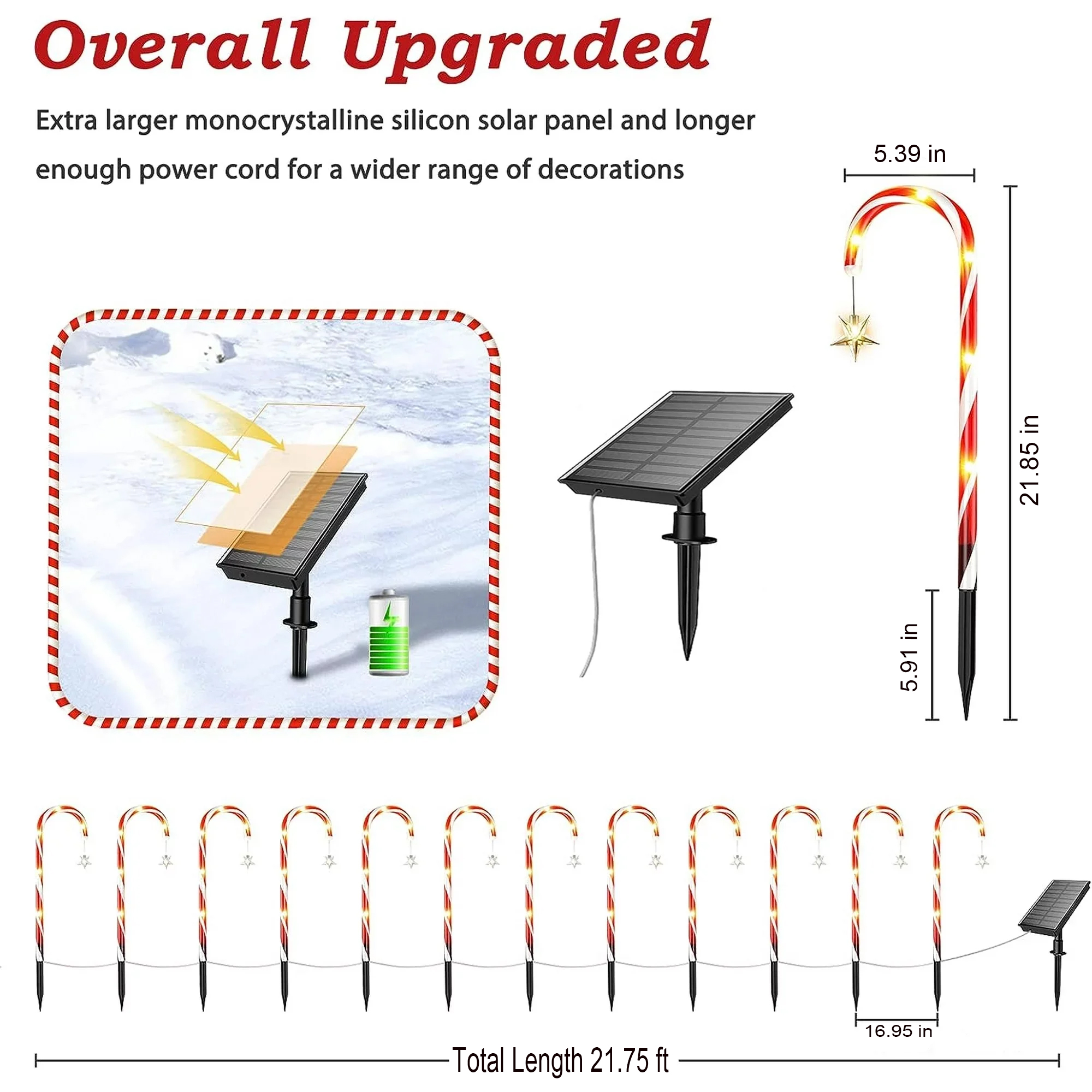 XEENSO 12 Pack Solar Christmas Candy Cane Lights, 8 Modes, Waterproof Outdoor Decorative Lights for Christmas Party Yard Garage Decor
