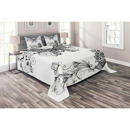 Black And White Coverlet Set Butterfly With Floral Mandala