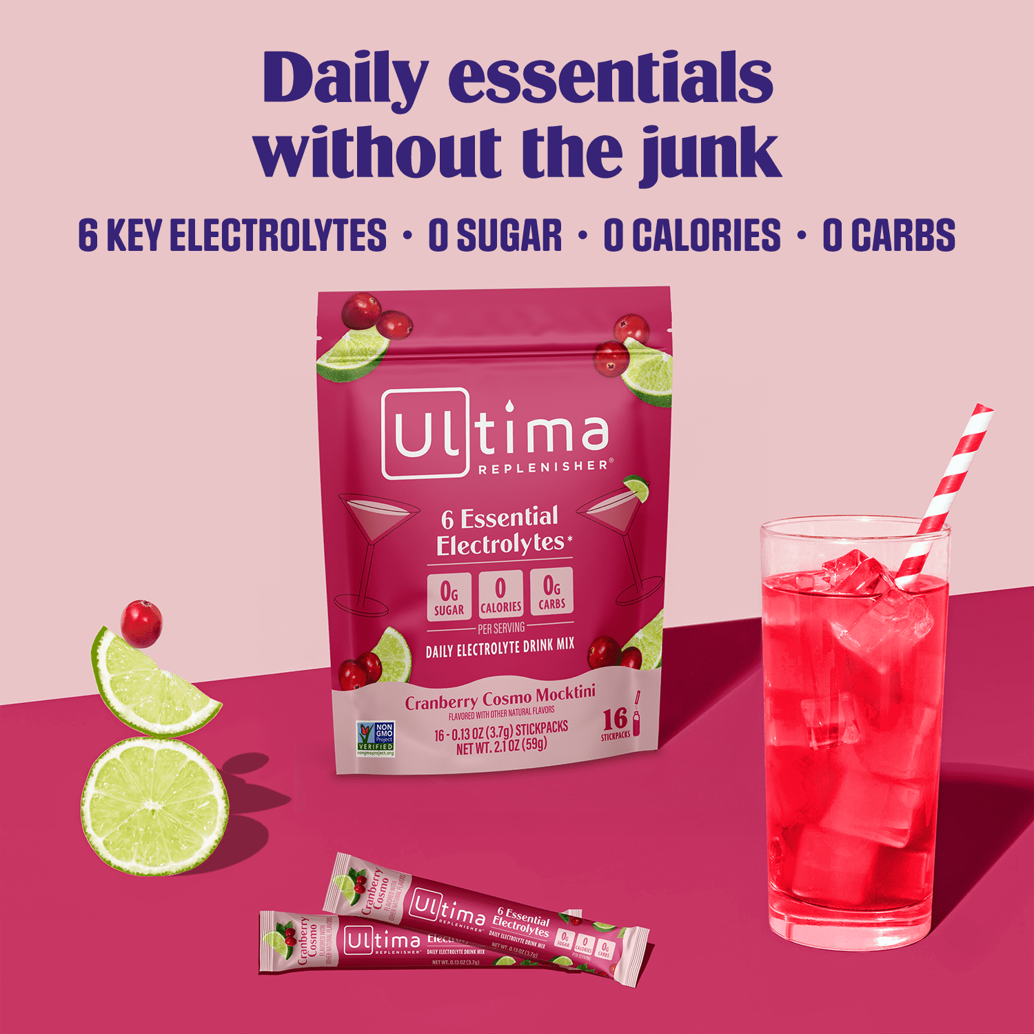Ultima Replenisher Daily Electrolyte Powder Drink Mix - Sugar Free - Cranberry Cosmo, 16 Stickpacks - Hydration Packets with 6 Key Electrolytes and Trace Minerals – Keto Friendly, Non-GMO
