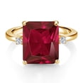 thumbnail image 3 of Gem Stone King 18K Yellow Gold Plated Silver 12X10MM Red Created Ruby and 2MM White Lab Grown Diamond 3 Stone Engagement Ring for Women | 5.78 Cttw | Gemstone July Birthstone | Size 6, 3 of 6