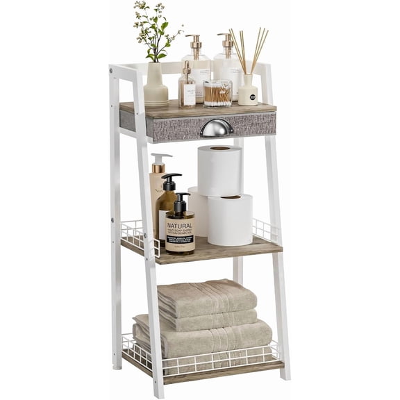 Huxidaja 3-Tier Bathroom Storage Ladder Shelf, Metal Freestanding Organizer Shelves with Drawer, White