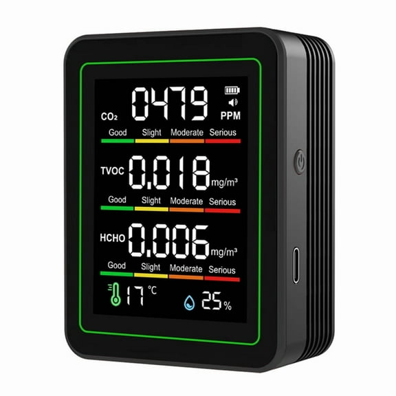 Indoor Air Quality Monitor,CO2 Monitor/Temperature/Formaldehyde Detector/Humidity TVOC for Rooms,Grow Tents Black,1 x Air Quality Monitor,Black