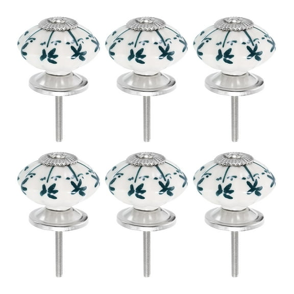 Uxcell 6 Pack Floral Ceramic Pull Knobs, Vintage Round Cabinet Knobs, Green Leaves Ceramic Knobs for Kitchen Cabinet