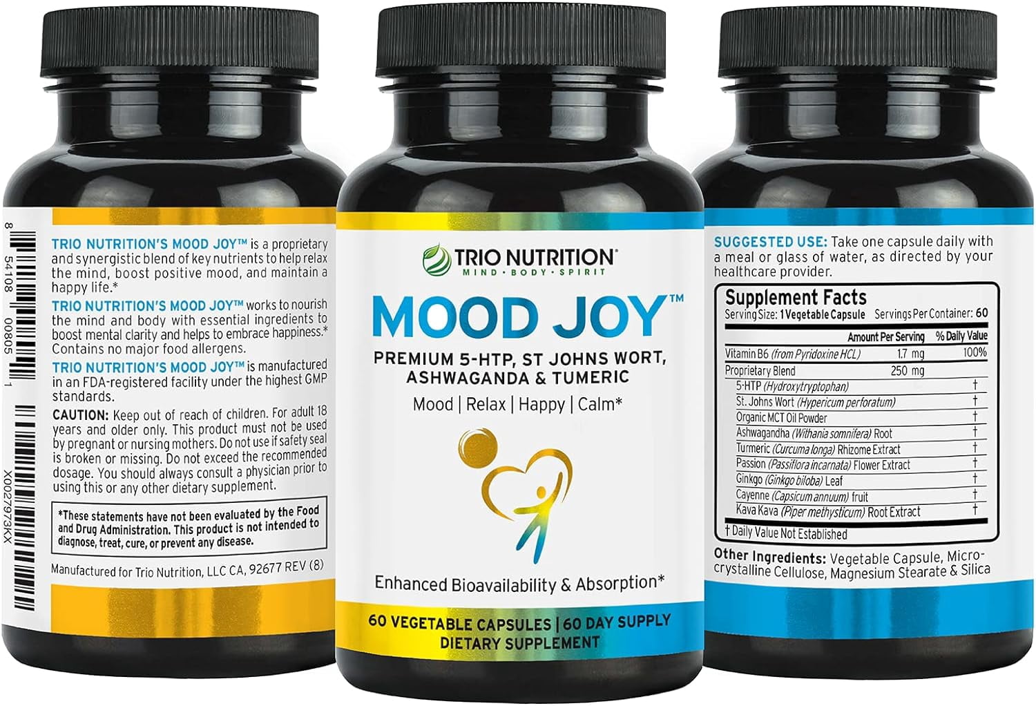 Trio Mood Joy | Premium 5-HTP, St Johns Wort, Ashwagandha & Turmeric | Ashwagandha Capsules to Promote Natural Calm & Relaxed Mood | Mood Support Supplement | 60 Day Supply*
