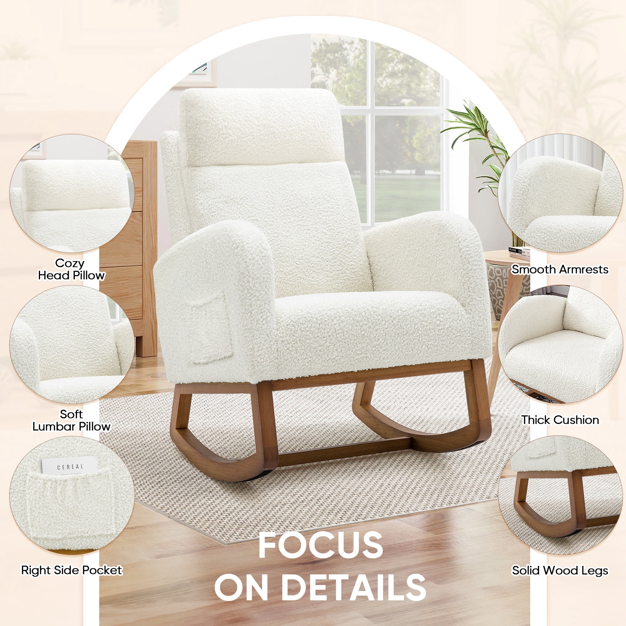 Timbernest Rocking Chair Teddy, 27" High Backrest Modern Accent Chair, Glider Rocker for Living Room, White