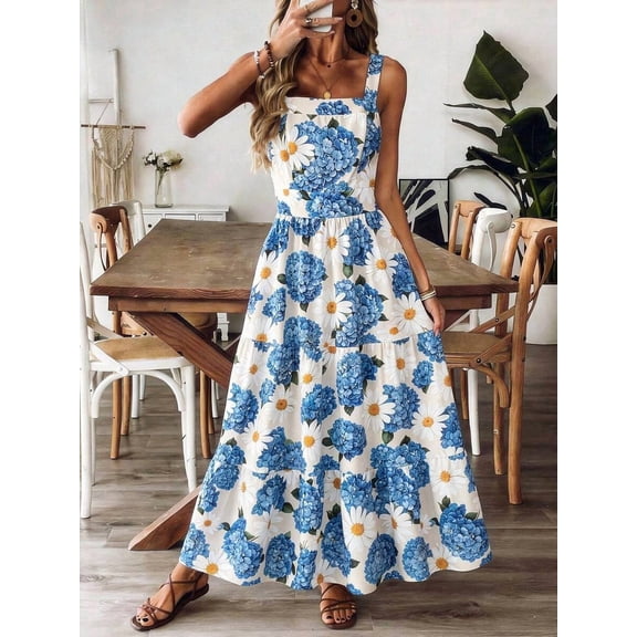 Blue And White Floral Print Sleeveless Tiered Maxi Dress For Women