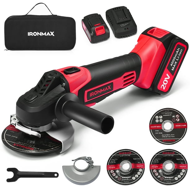 IRONMAX 20V Cordless Angle Grinder 41/2'' 9000RPM w/ 4.0Ah LithiumIon Battery & Charger