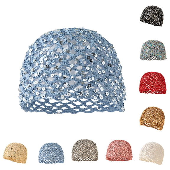 Sequin Crochet Hat for Women Lightweight Summer Beanie Glitter Open-Weave Headwear for Beach Rave Parties Camouflage One Size