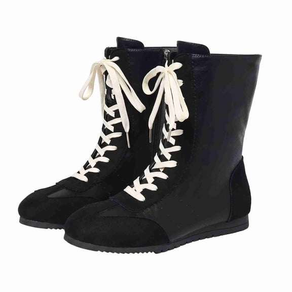 Women's Mid-Calf Lace-Up Ankle Boots, Flat Casual Combat Boots with Side Zipper