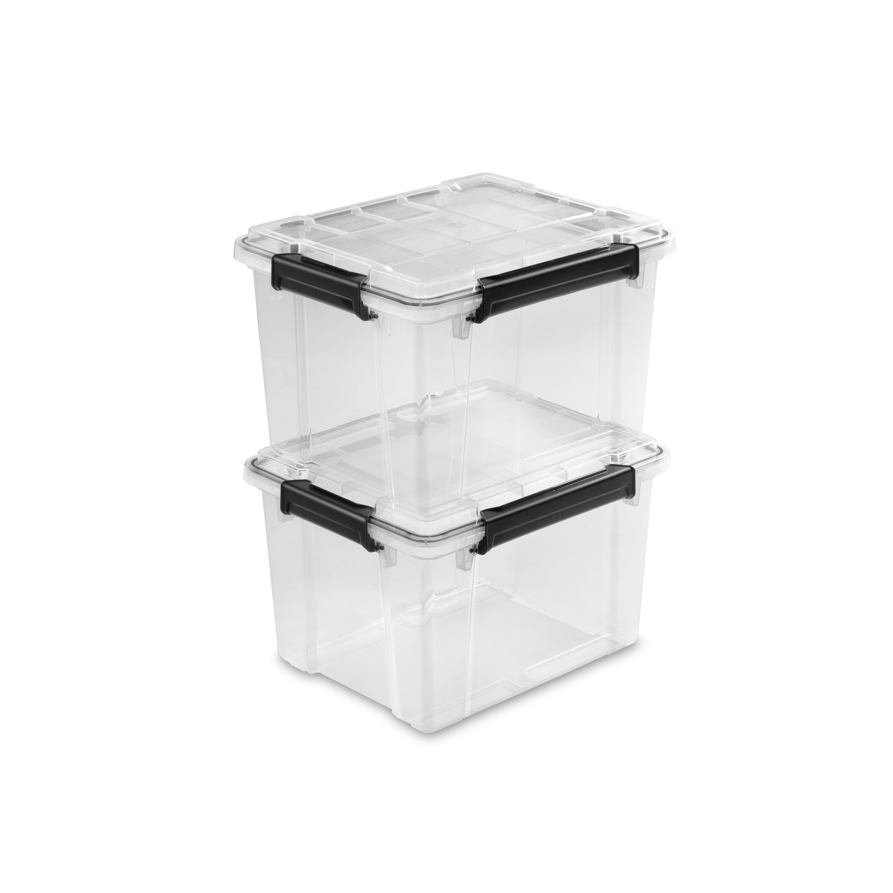 Boîte à joint d’étanchéité  32 L de Sterilite imperméable, bac de rangement en plastique transparent étanche avec couvercle et loquets durables, noir, 4 Pk