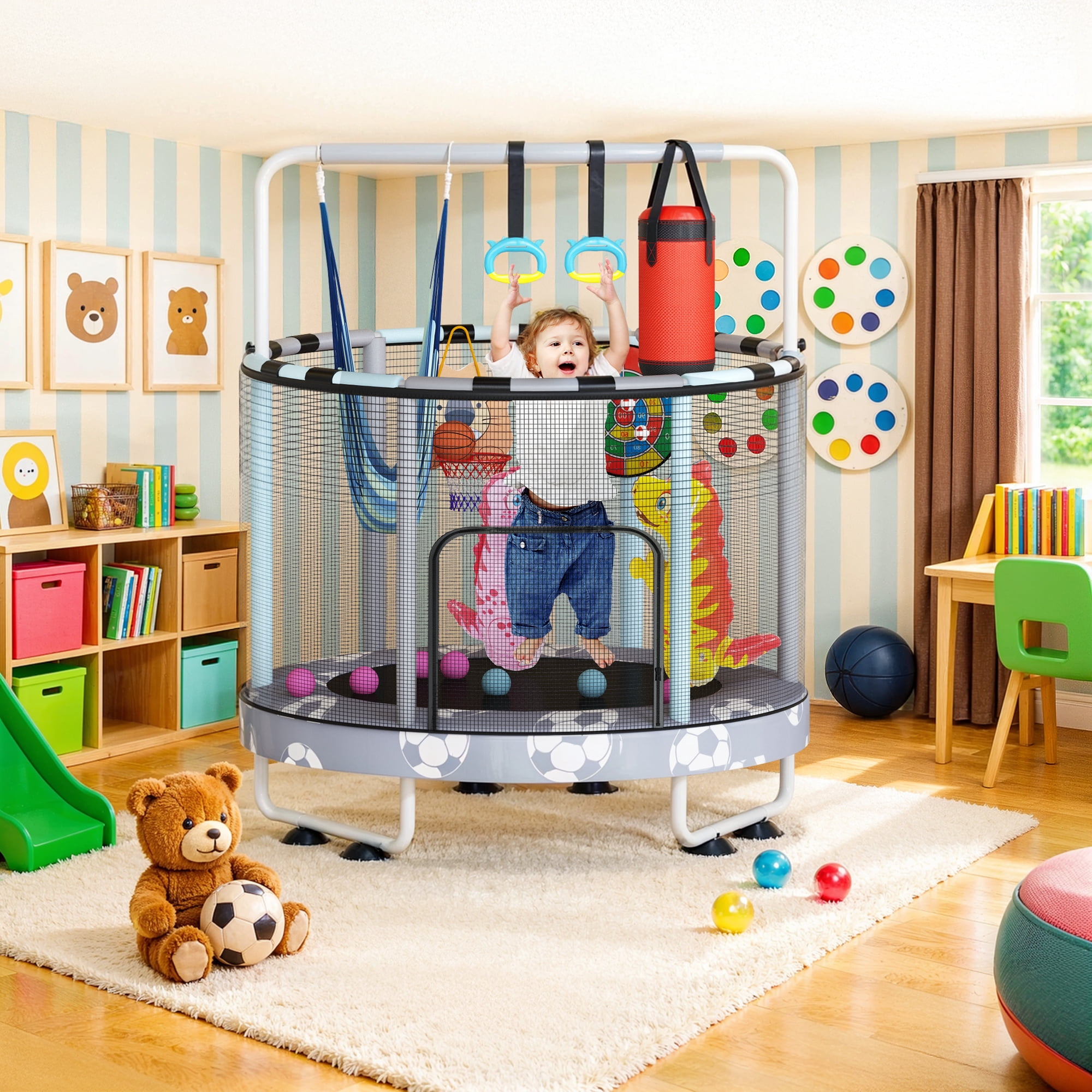 Mieres 55" 7-in-1 Upgraded Kids Trampoline with Swing & Basketball Hoop, Reinforced Safety Design with Adjustable Height & Net for Ages 3-8, 500lbs Capacity, In/Outdoor Play Center, Gray Soccer