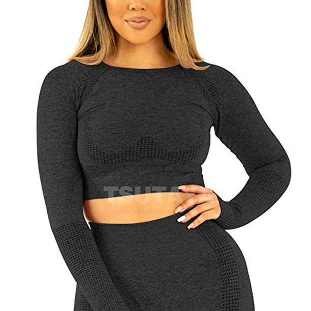 Tsutaya Tsutaya Women S Seamless Athletic Long Sleeves Crop Top Sports Running Shirt Breathable Gym Workout Vital Activewear Black S Walmart Com Walmart Com