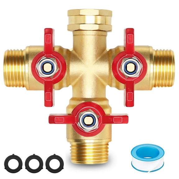 3/4" Garden Tap Water Hose Splitte, Heavy Duty High Flow Spigot Splitter with 3 Way Shut off Valve Solid Brass and Metal Handle
