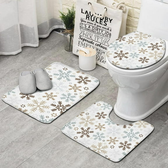 Light Christmas Snowflake Pattern Bathroom Rugs Sets 3 Piece,Toilet Cover Set,Absorbent Non Slip Bathroom Mats Sets with U-Shaped Contour Rug Toilet Rug Set