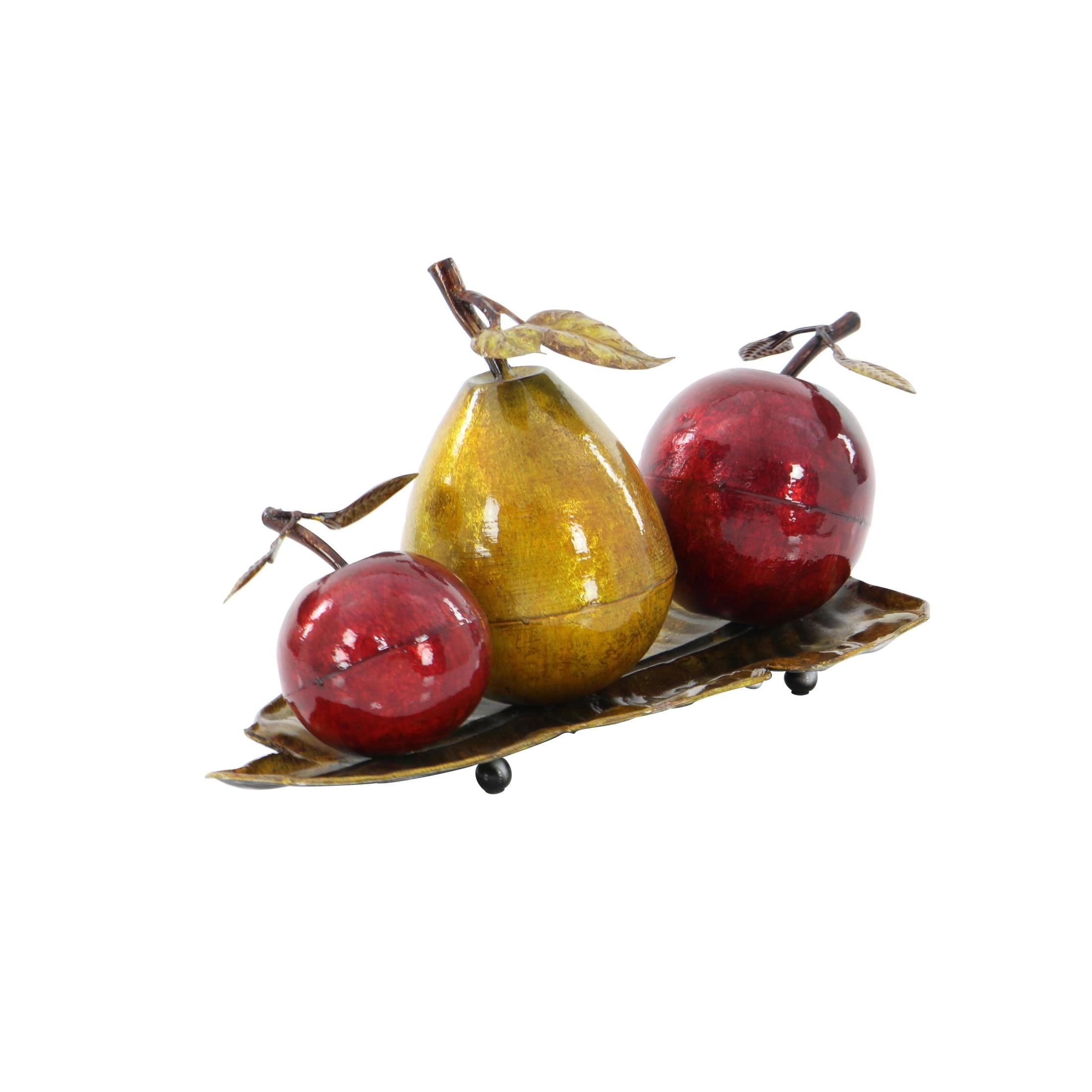 DecMode Colorful Faux Red Apple and Yellow Pear Fruit Table Top Décor on Bronze Metal Leaf Tray, 19"W x 10"L x 9"H