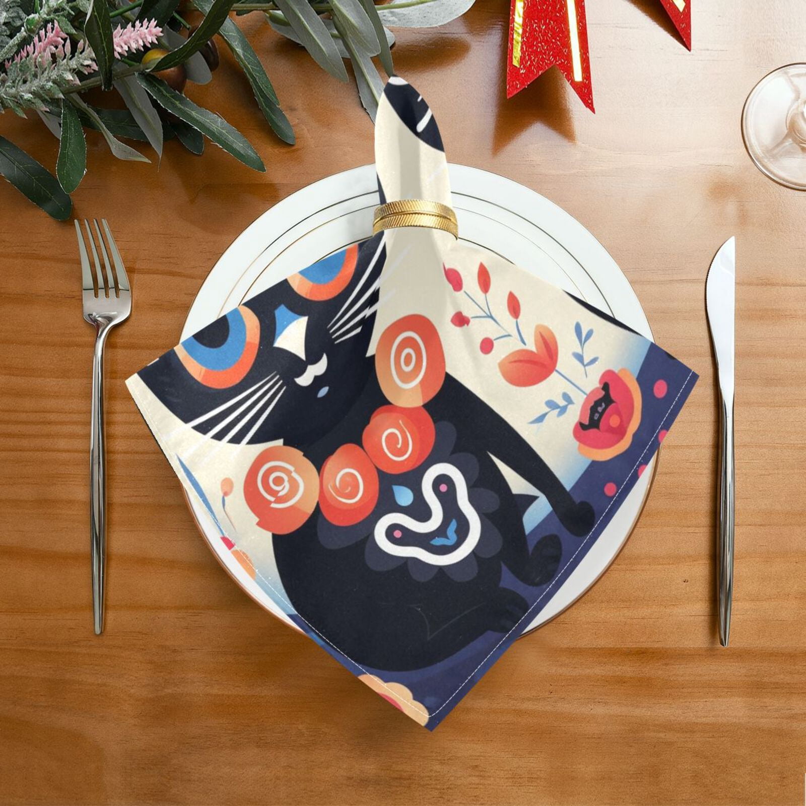 JSTEL Sugar Skull Cat Cute Cloth Napkins Set of 6, 20x20 Inch Washable and Reusable Napkin for Decoupage Dinner Party Everyday Use