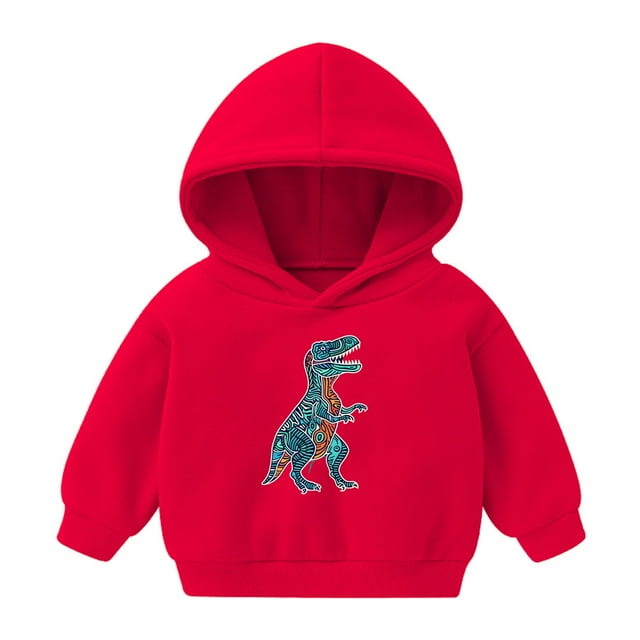 2025 Sweat à Capuche Mignon Imprimé Dinosaure pour Filles 1-8 Ans Pull à Manches Longues Rouge