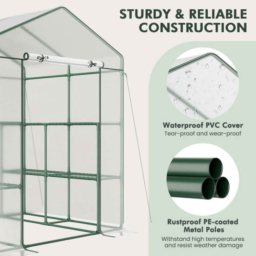 Spaco Walk-in Greenhouse with 3 Tiers 8 Shelves PVC Cover Roll-up Zippered Door, Walk-in Greenhouse for Outdoor, Transparent