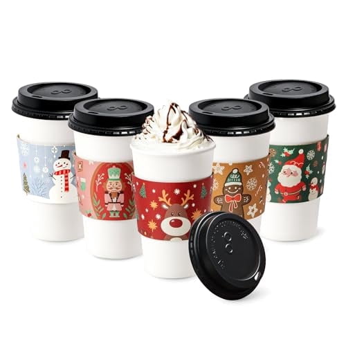 Fit Meal Prep 50 Pack 16 oz Christmas Disposable Coffee Cups with Lids, Sleeves, Leak-Proof To Go Coffee Cups with Lids, Durable Holiday Paper Cups for Hot Beverage, Home, Office, Party
