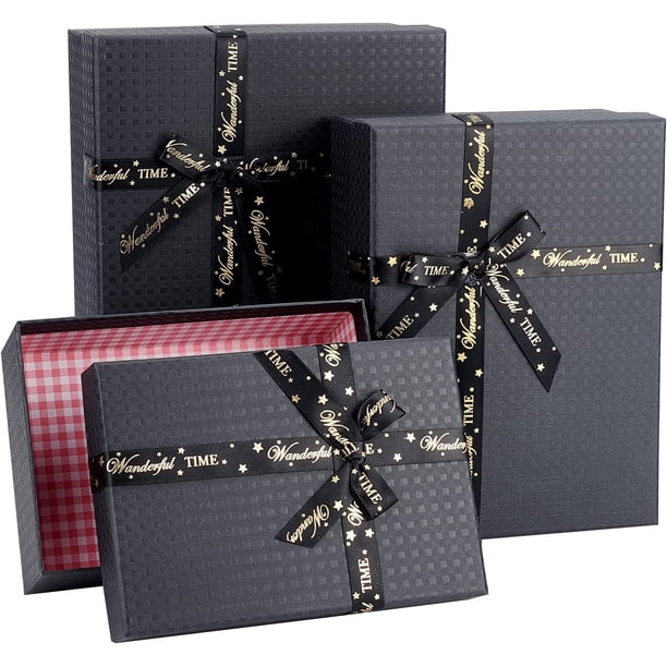 Juego de 3 cajas de cartón rectangulares negras con cinta para regalos, ideales para fiestas, cumpleaños, San Valentín y otras ocasiones especiales.