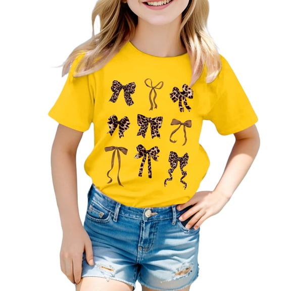 JAJAHO Girls Graphic Tee Shirt Short Sleeve Round Neck Casual Cute Summer Top With Leopard Bow Print Tshirts For Kids 3-13 Years Trendy Tops