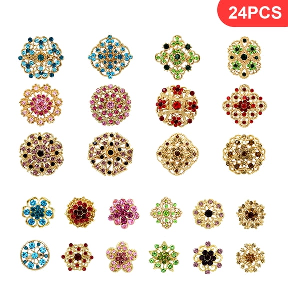 24pcs Crystal Flower Brooch Pins Set, Vintage Decorative Rhinestone Jewelry for Women Men