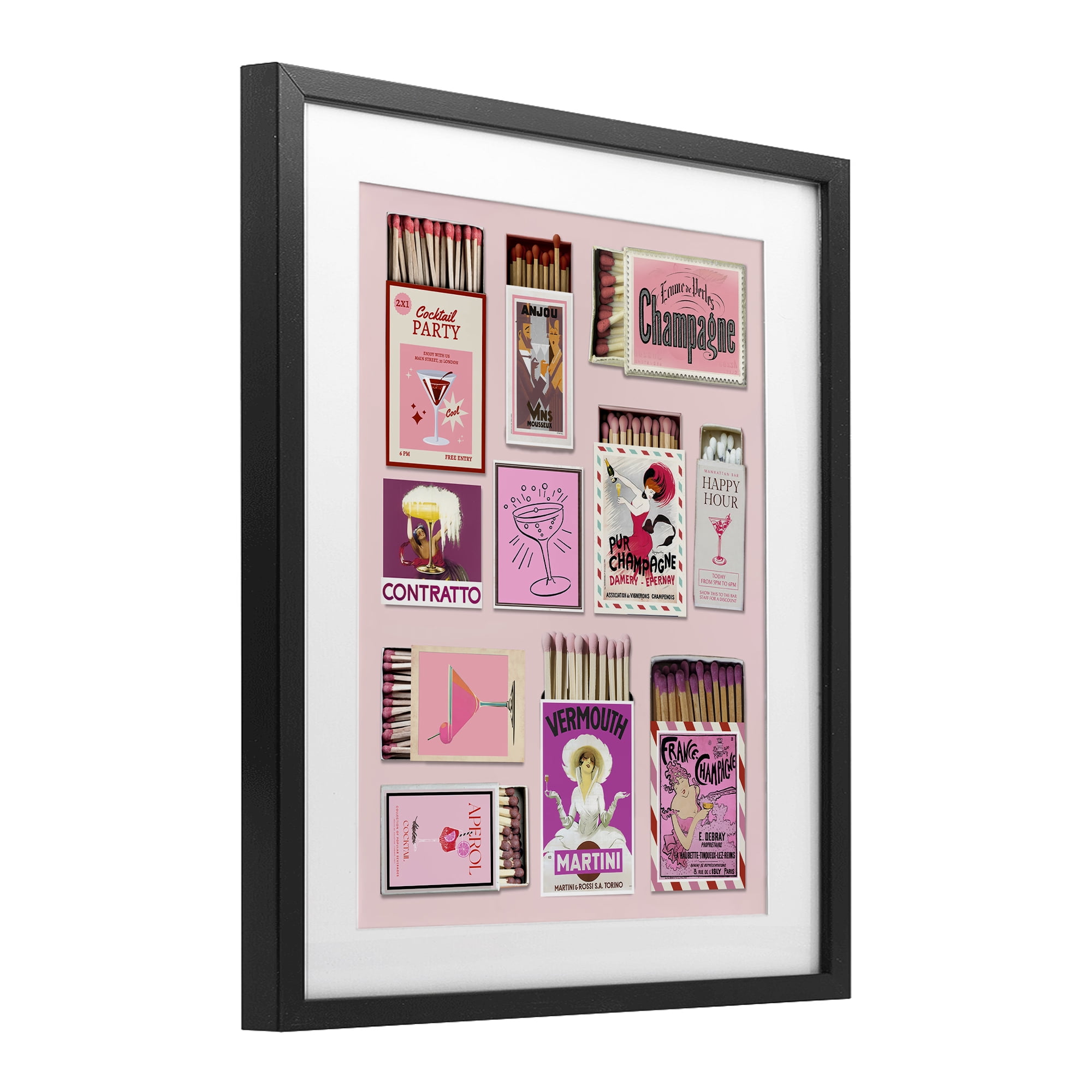 Stupell Industries Champagne & Cocktail Matchboxes Black Framed Print Under Glass, design by CAD Designs