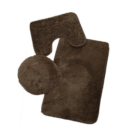 3pc Bathroom Set Rug Mat Toilet Lid Cover Plain Solid Color Bathmats Brown