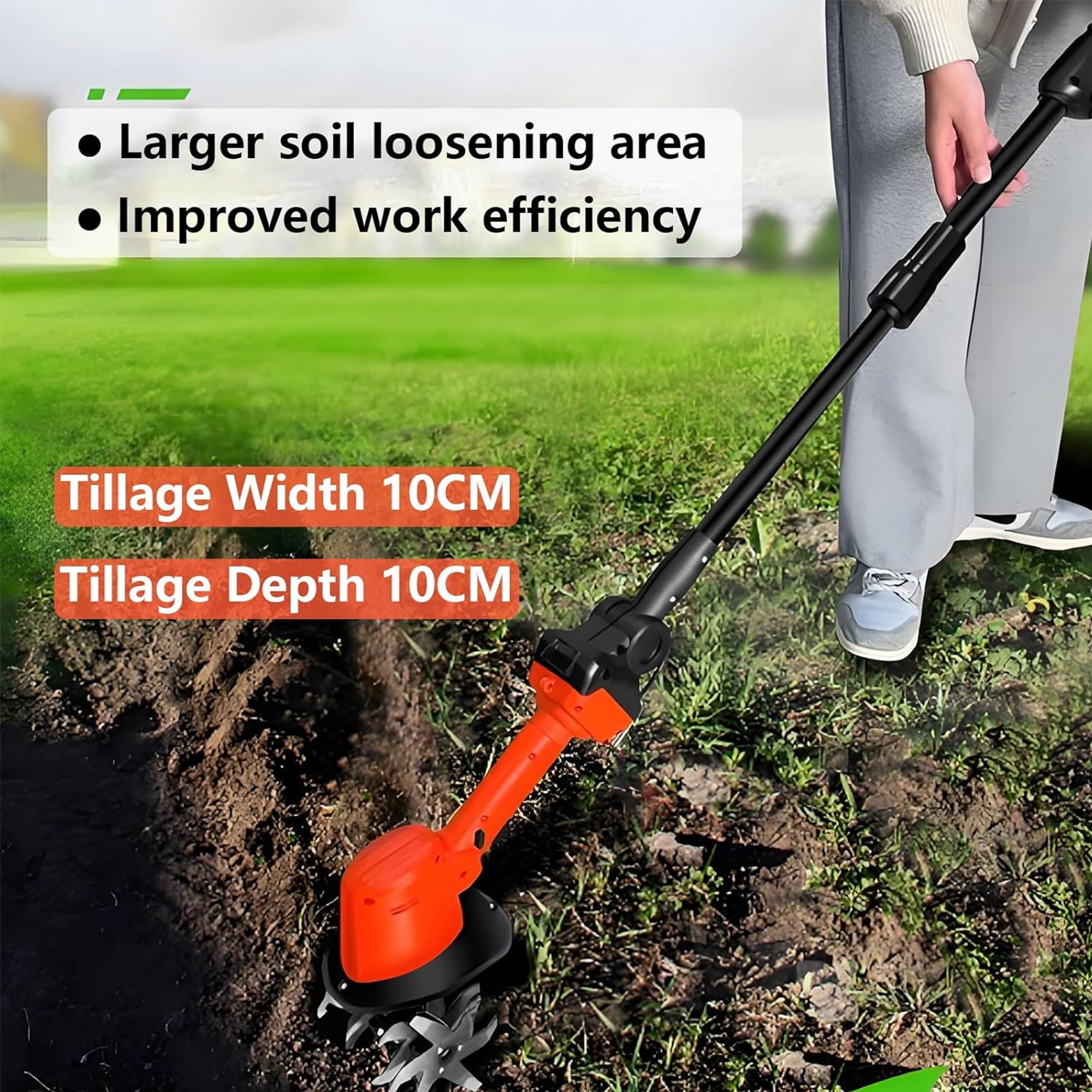 24V Cordless Electric Tiller for Gardening, Handheld Garden Tiller Cultivator 10cm Tilling Width, 10cm Depth Garden Rototiller with Handheld Rod For Lawns, Gardens, and Vegetable Plots