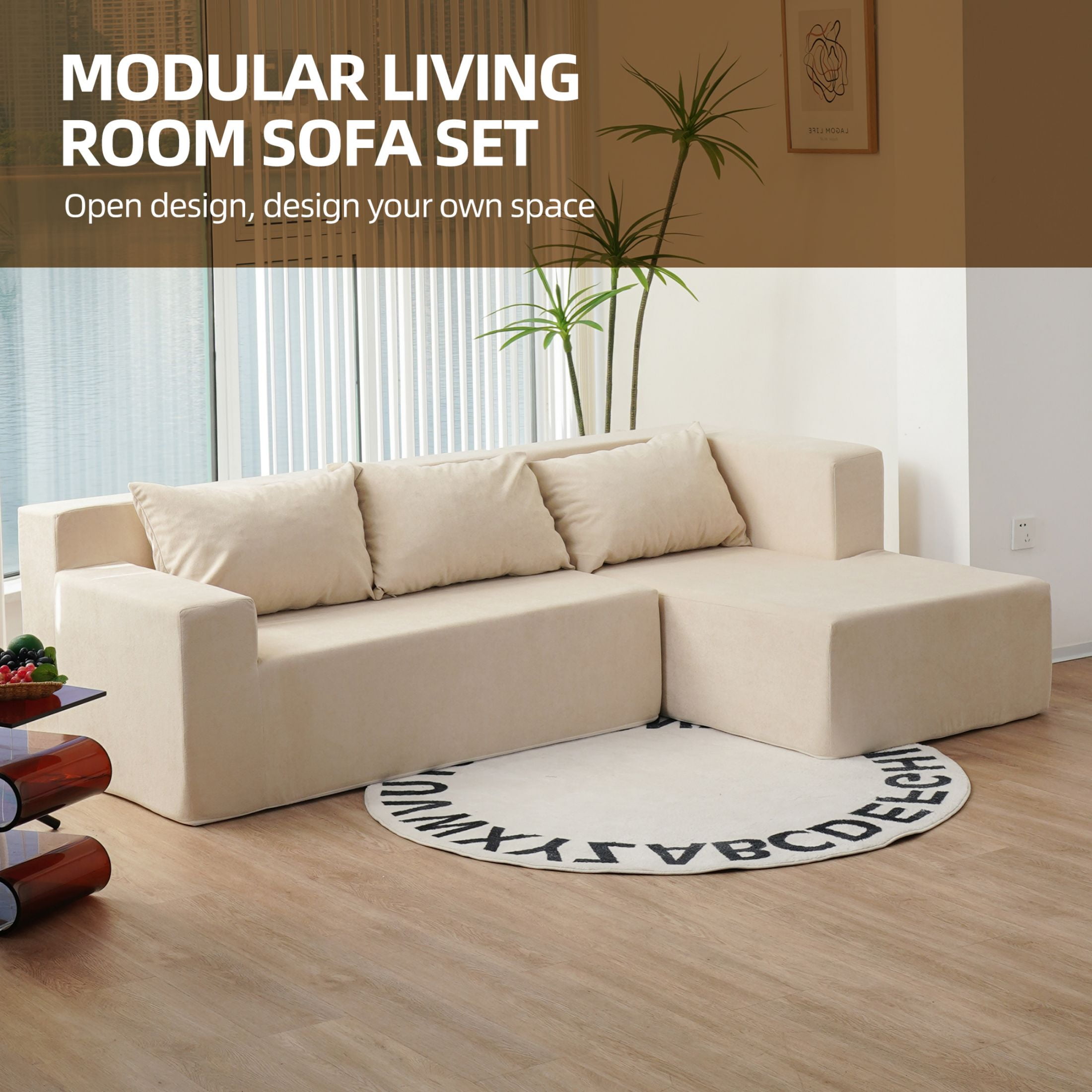 Aukfa 86.6" Modular Sectional Sofa, Sponge Sleeper Sofa Couch, L-Shape Free Combination Sofa Set with 3 Pillows, Beige