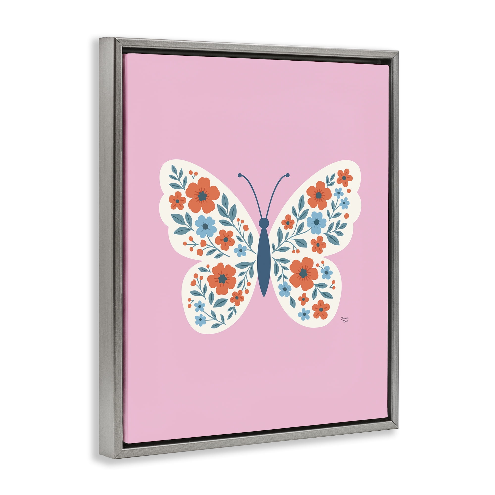 Boho Pink Floral Butterfly Gray Framed Floater Canvas Wall Art, design by Jessica Beck