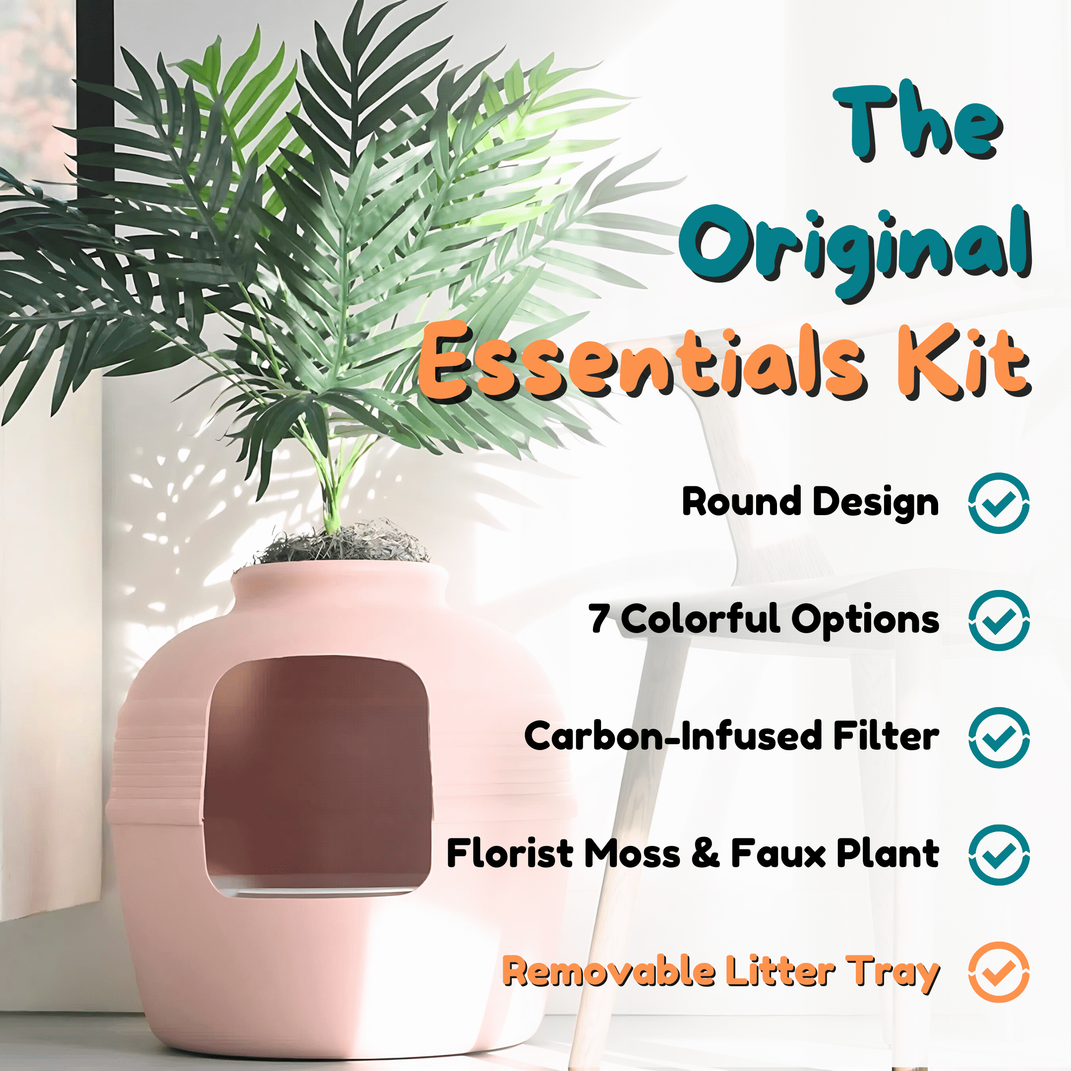 Good Pet Stuff Hidden Cat Litter Box Enclosure with Artificial Plant, Odor Filter System, Reusable Tray, Original Round Planter, Essentials Kit, Pink