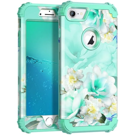 Casetego Phone Case for iPhone 7 / iPhone 8 / iPhone SE 2020 / iPhone SE 2022,Floral Heavy Duty Sturdy Shockproof Full Body Protective Cover,Green Flower