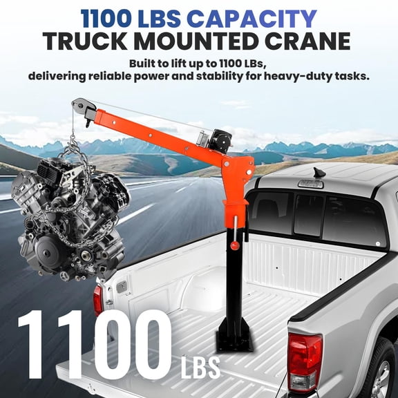Electric Pickup Truck Crane – 1100 lbs Capacity, 2000 lbs Winch, 360° Swivel, Adjustable Boom, Bed-Mounted, 12V DC with Remote