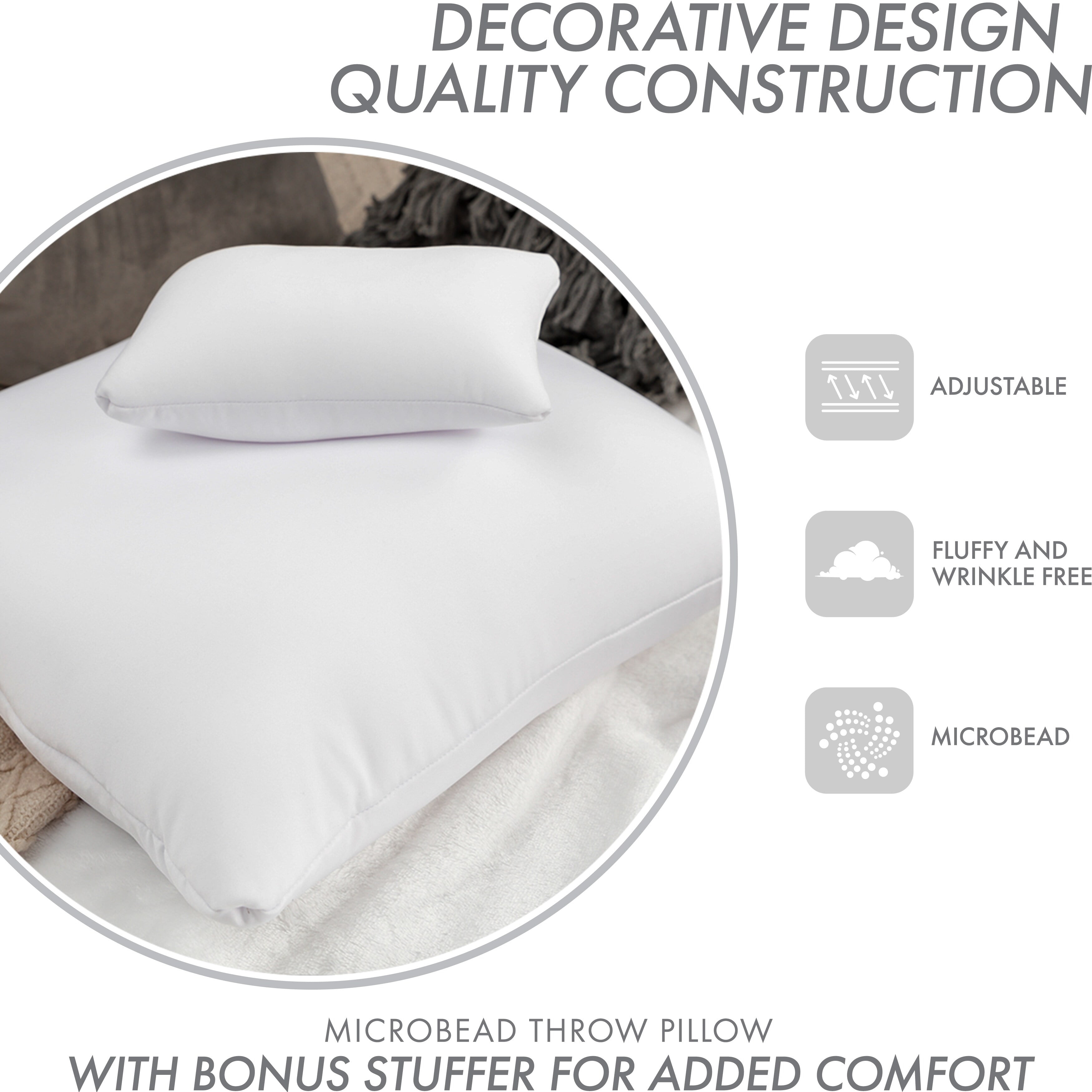 24" x 24" Microbead Stuffer Pillow Insert Sham Square Pillow Cushion for Extra Comfort & Support. Zip Pocket w/ Mini stuffer Zip-in Insert - Adjustable & Perfect Fit With Any Decorative Cover - 1 Pcs