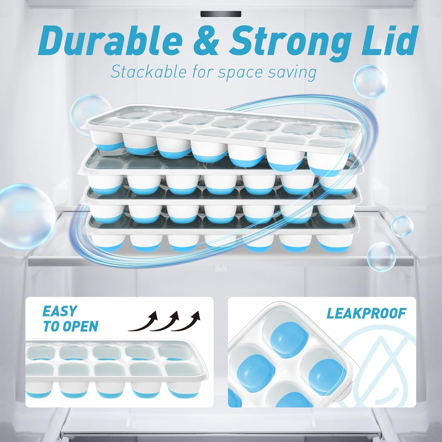 Ice Cube Tray with Lid and Bin,4 Packs 56 Cubes Silicone Plastic Ice Cube Trays for Freezer, Stackable Ice Tray with Container, Ice Scoop, Coffee and Cocktails Blue