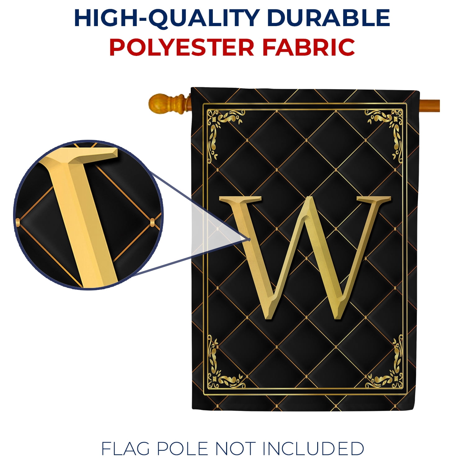 America Forever Monogram W House Flag, 28 x 40 inch Double Sided, Black Gold Quilted Design, Decorative Letter W Flag, Elegant Monogrammed Banner, Personalized Initial Outdoor Decor, Yard Flag