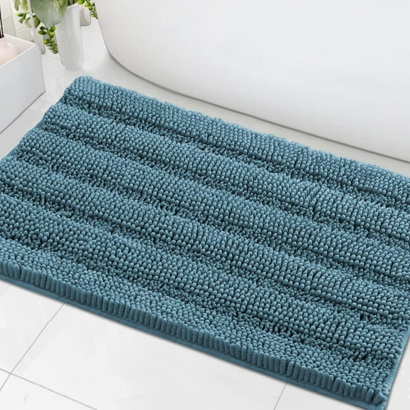 Bath Mats for Bathroom Non Slip Extra Thick Chenille Striped Bath Rug 24" x 36" Absorbent Non Skid Fluffy Soft Shaggy Rugs Washable Plush Mats for Indoor, Bath Room, Tub - Turquoise Blue