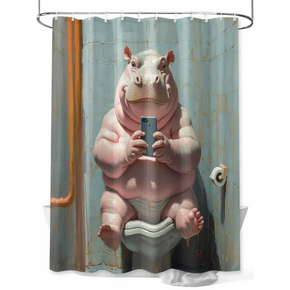 Funny Animal Shower Curtain, Hippo Sitting on Toilet Hippo Playing Phone Waterproof Shower Curtain Set with 12 Hooks Lightweight Washable Fabric Shower Curtains for Bathroom 72x78 Inches