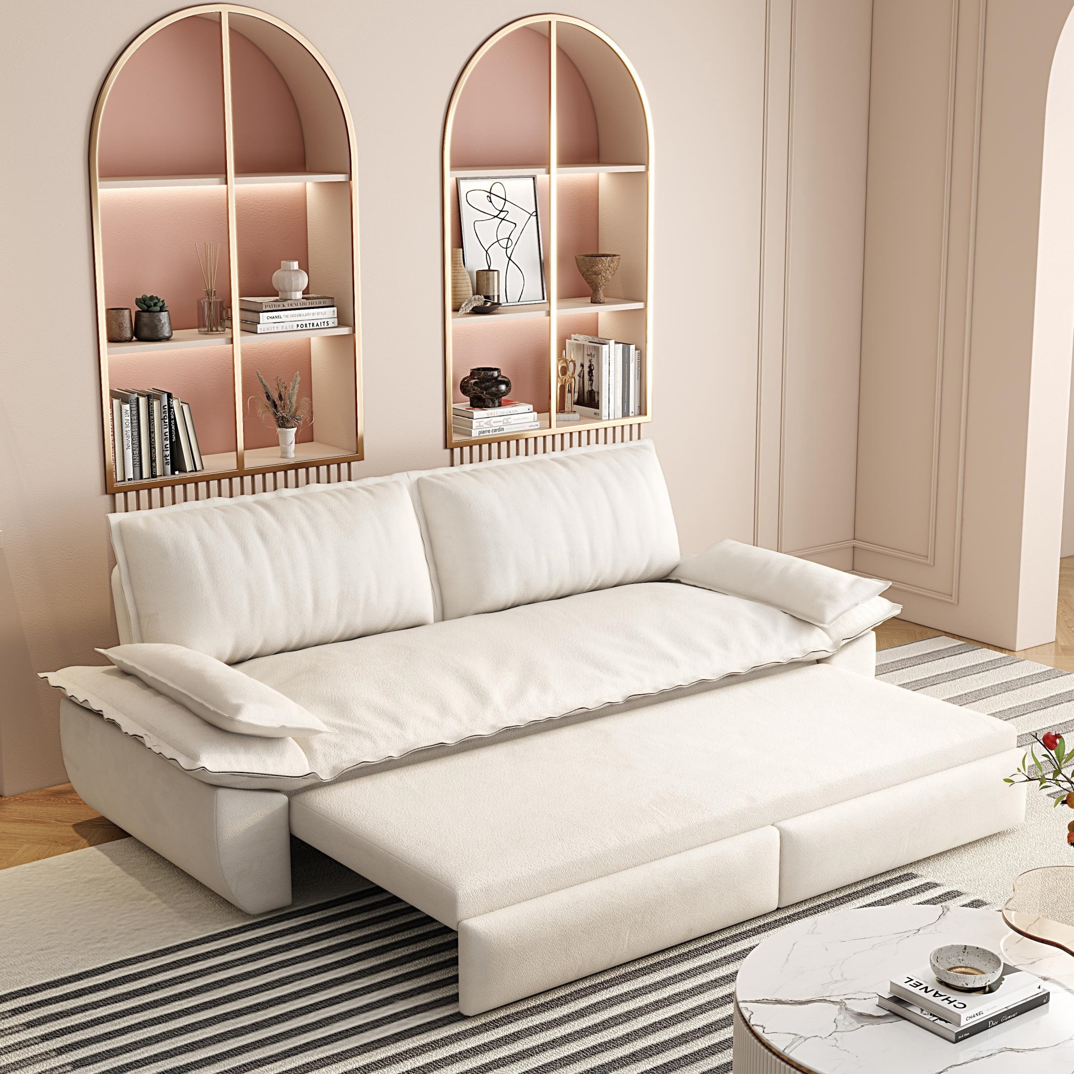 Noble House Cersie Velvet Pull-Out Loveseat Sofa Bed, Multifunctional 3-in-1 Convertible Queen Sleeper Couch, Beige White